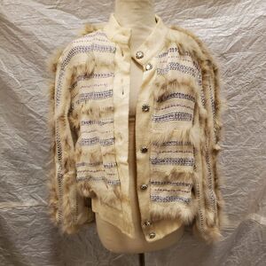Zaharoff Women's White Jacket with Fur Stripes and Buttons